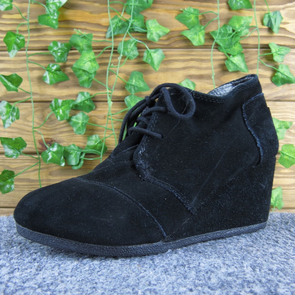 TOMS Desert Wedge Women's 7‎ Black Leather Ankle Boots Lace Up Casual Comfort
